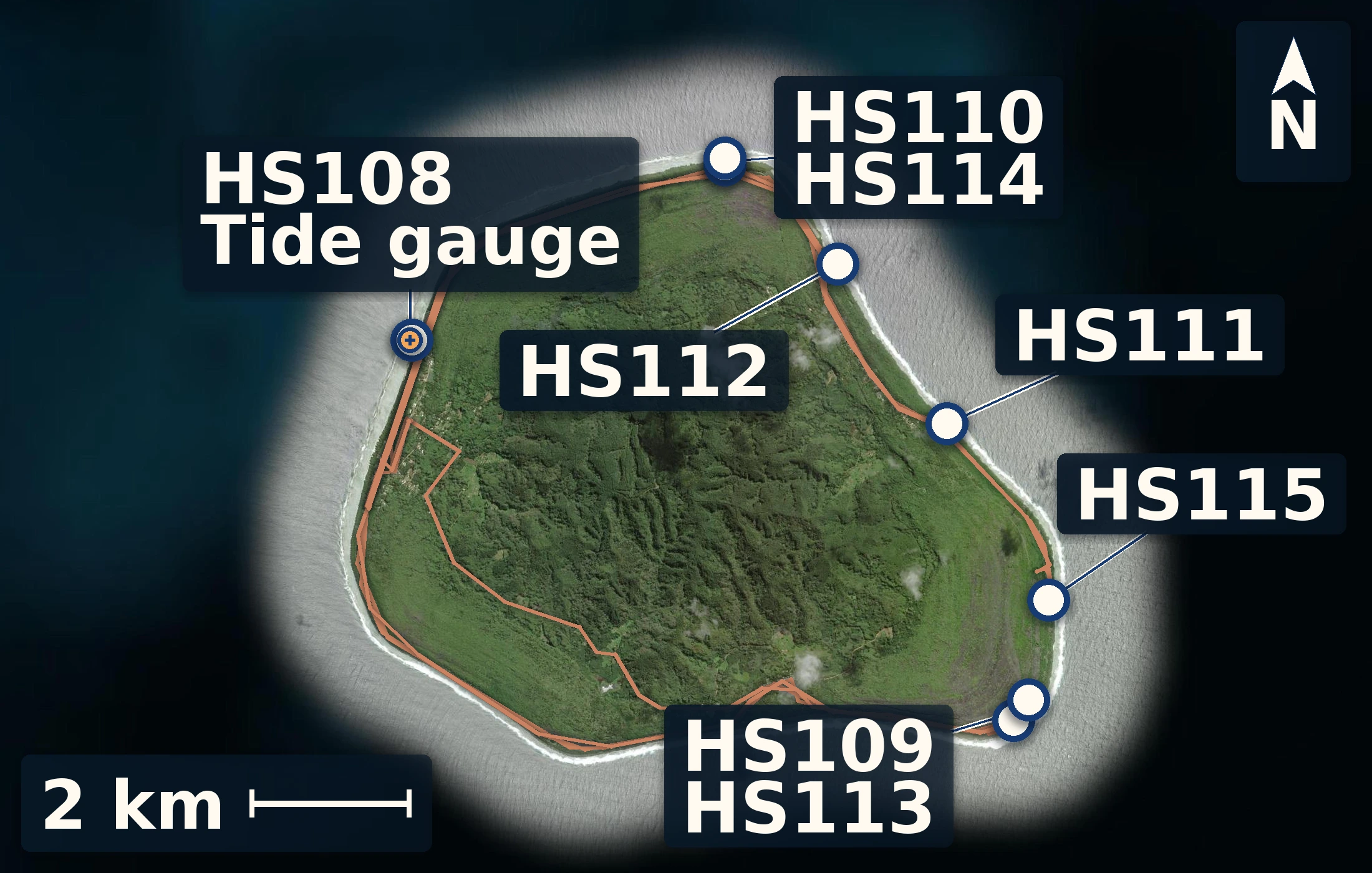 Satellite map of Mangaia with numbered field sites, daily field routes, and the surveyed harbor tide gauge.