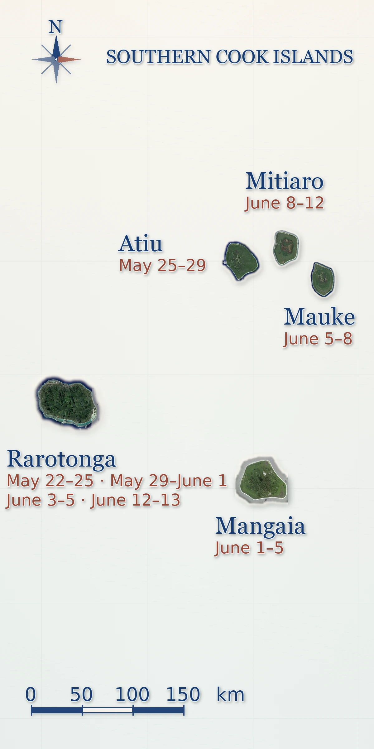 Southern Cook Islands field map with Rarotonga, Atiu, Mangaia, Mauke, and Mitiaro at exact projected centers. Labels show Atiu May 25–29, Mangaia June 1–5, Mauke June 5–8, Mitiaro June 8–12, and Rarotonga May 22–25, May 29–June 1, June 3–5 split-team commitments, and June 12–13.