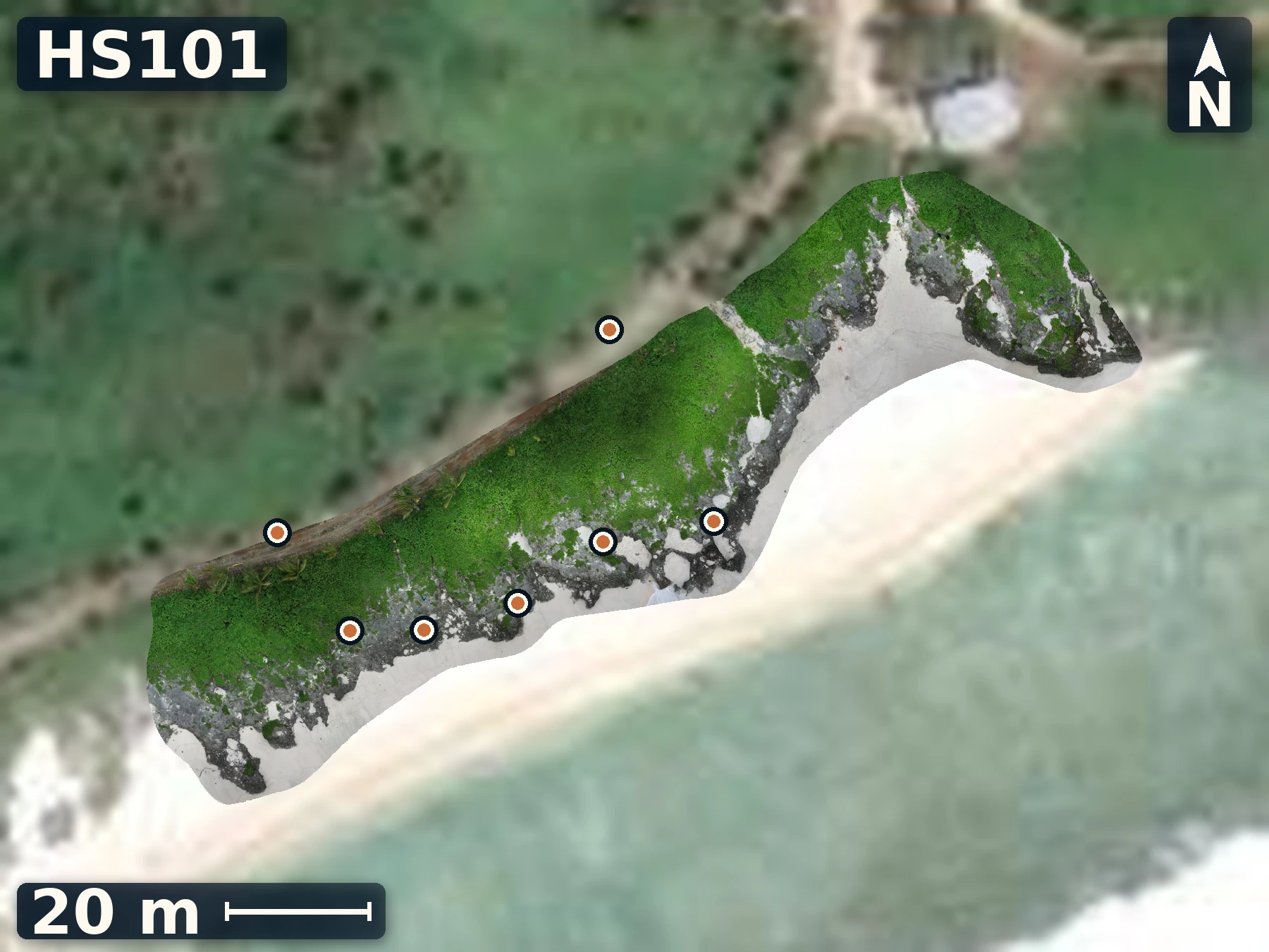 Drone orthomosaic map of HS101 on Atiu, 7 sample GPS record positions.