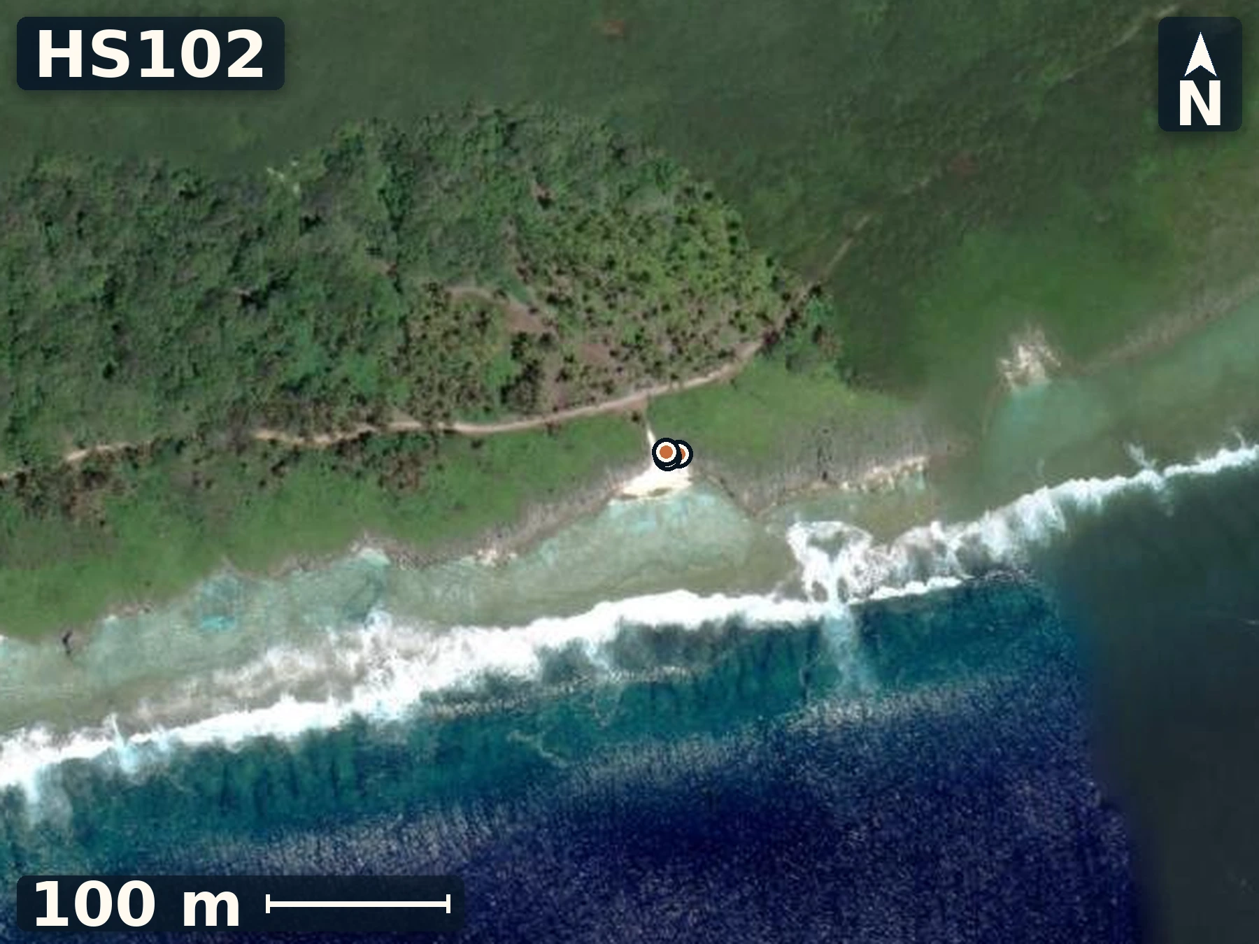 Satellite map of HS102 on Atiu, 3 sample GPS record positions.