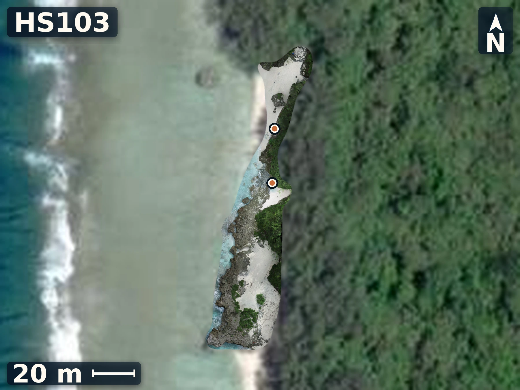 Drone orthomosaic map of HS103 on Atiu, 2 sample GPS record positions.