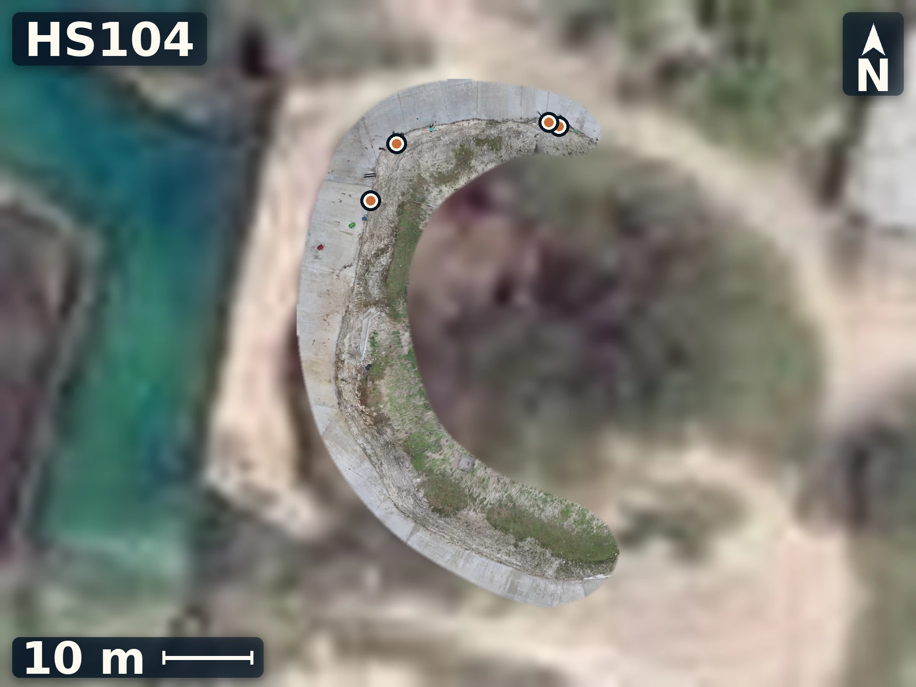 Drone orthomosaic map of HS104 on Atiu, 4 sample GPS record positions.