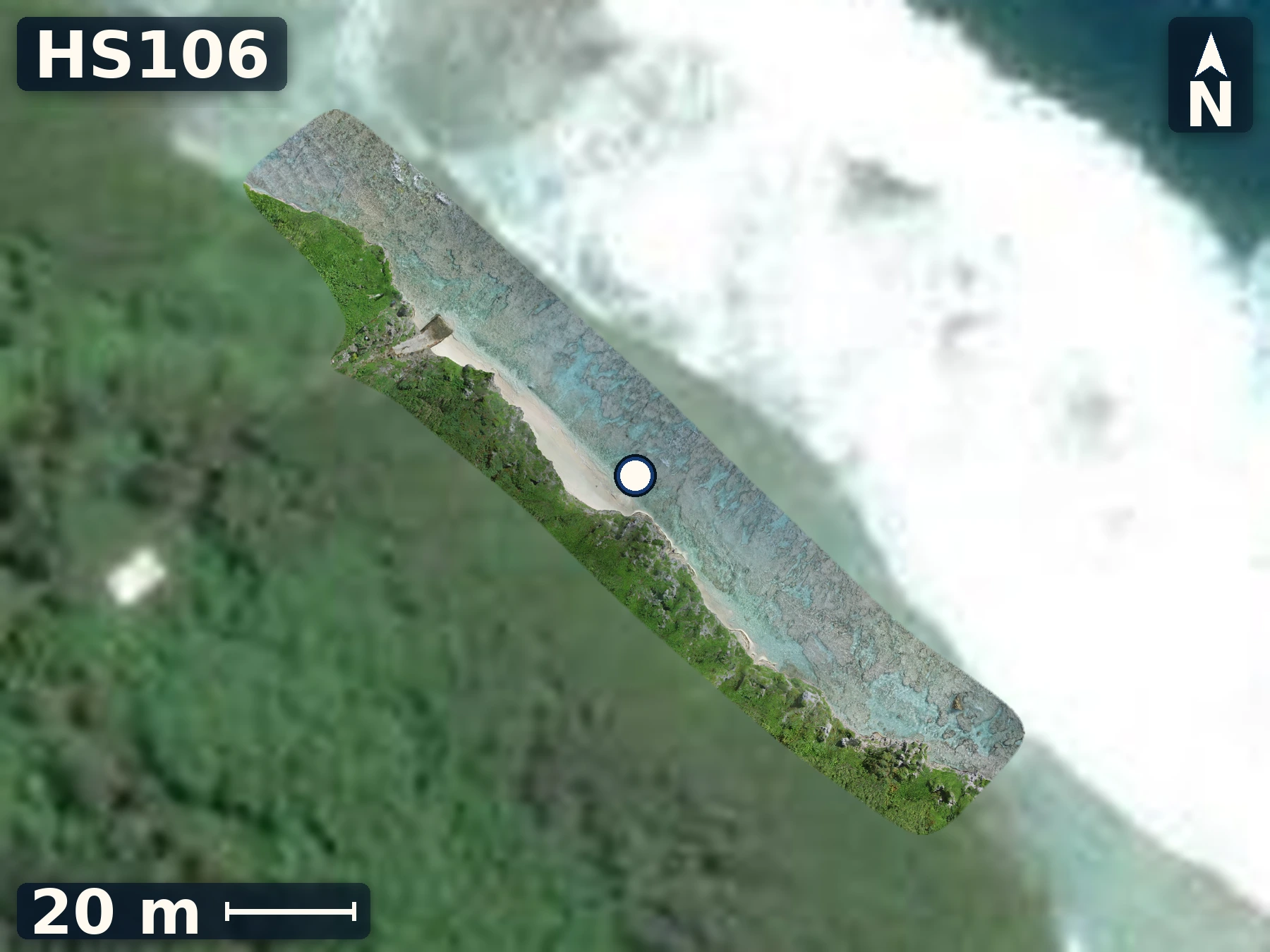Drone orthomosaic map of HS106 on Atiu and the mapped site position.