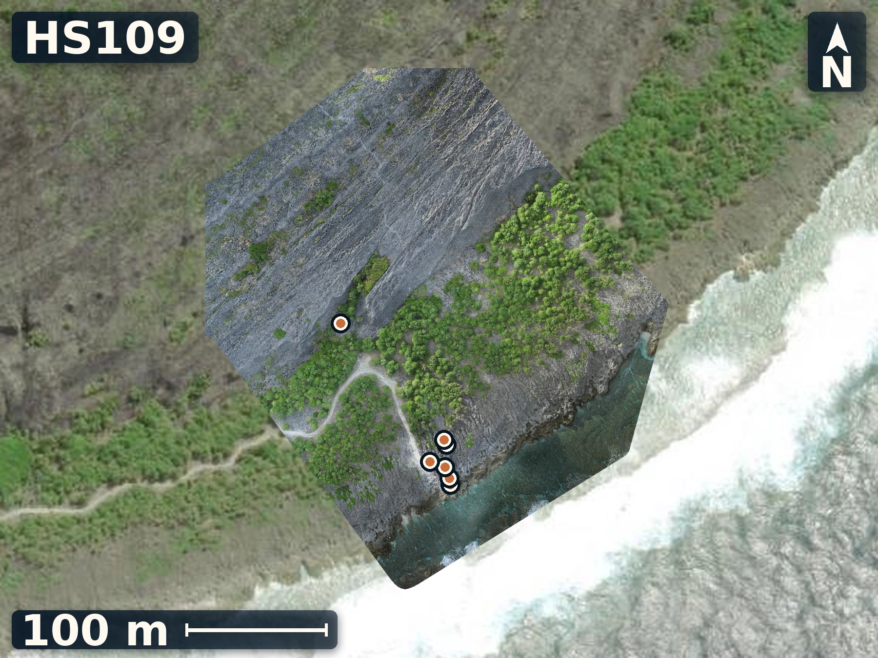 Drone orthomosaic map of HS109 on Mangaia, 7 sample GPS record positions.