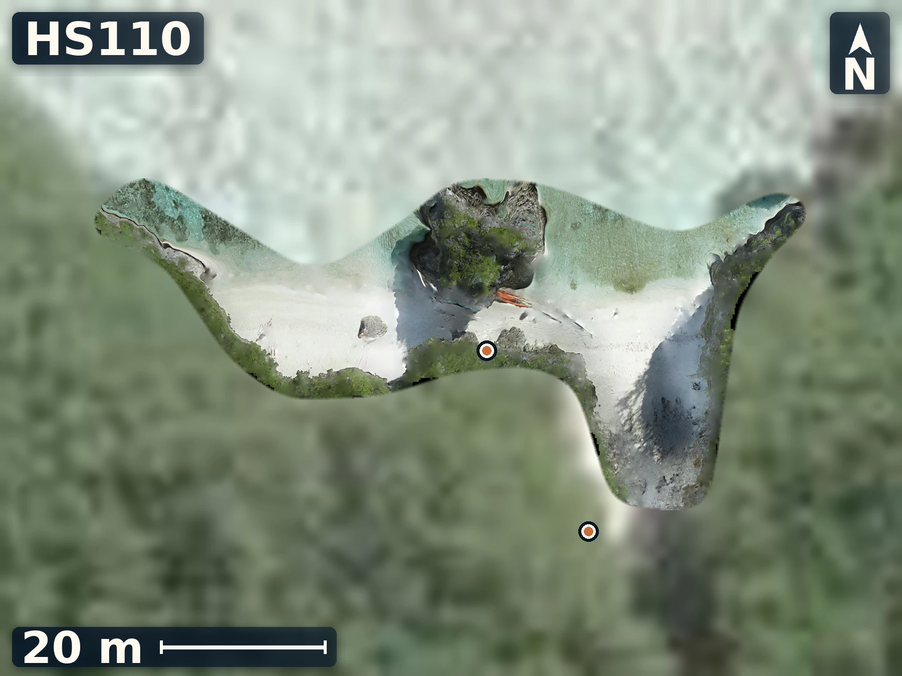 Drone orthomosaic map of HS110 on Mangaia, 2 sample GPS record positions.