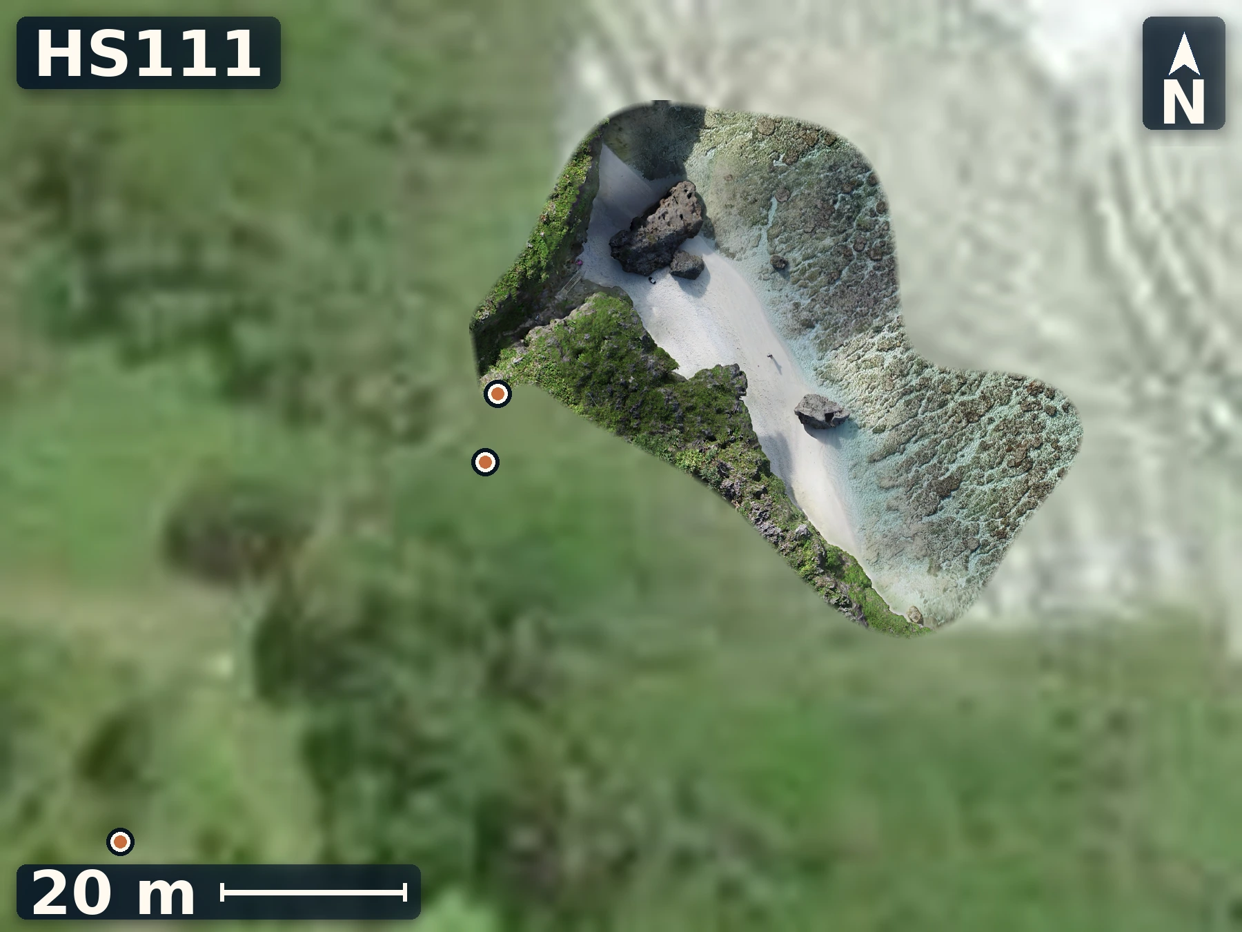 Drone orthomosaic map of HS111 on Mangaia, 3 sample GPS record positions.