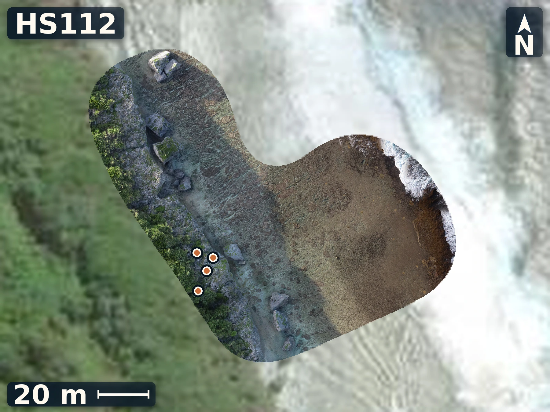 Drone orthomosaic map of HS112 on Mangaia, 4 sample GPS record positions.
