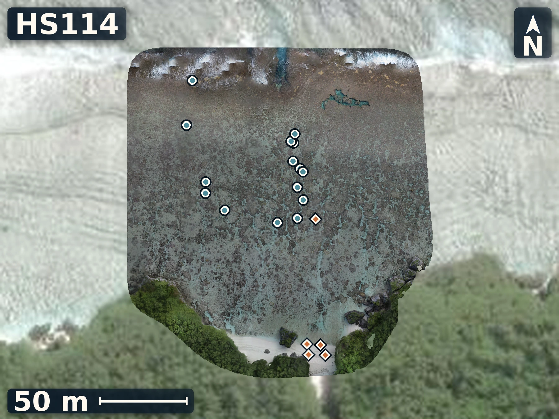 Drone orthomosaic map of HS114 on Mangaia with markers for 15 water-depth and 6 ground-control GPS records.
