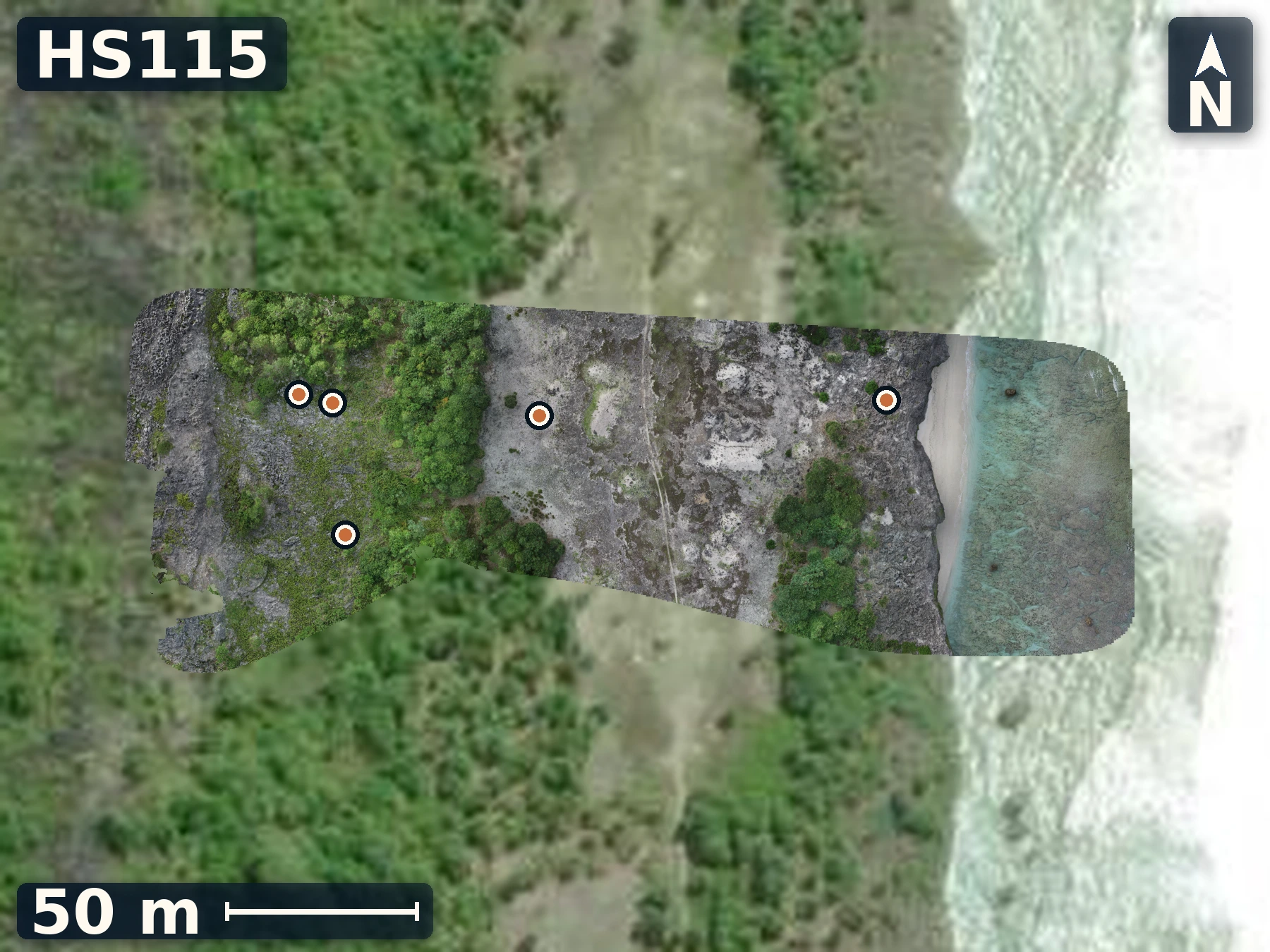 Drone orthomosaic map of HS115 on Mangaia, 5 sample GPS record positions.