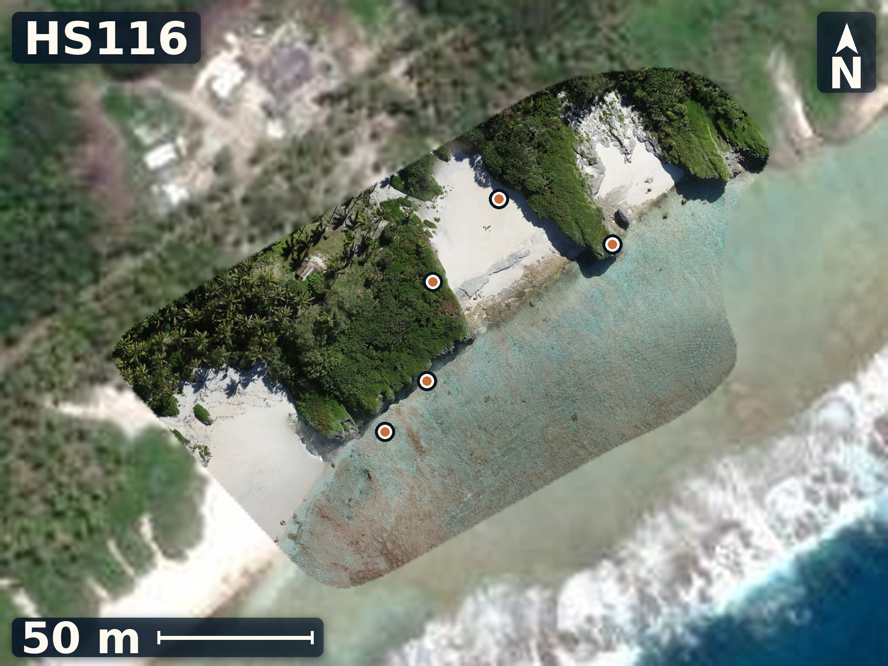 Drone orthomosaic map of HS116 on Mauke, 5 sample GPS record positions.
