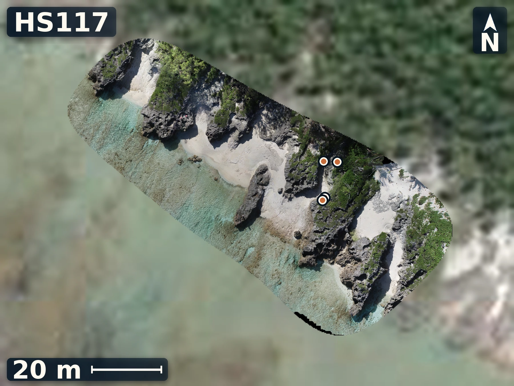 Drone orthomosaic map of HS117 on Mauke, 4 sample GPS record positions.