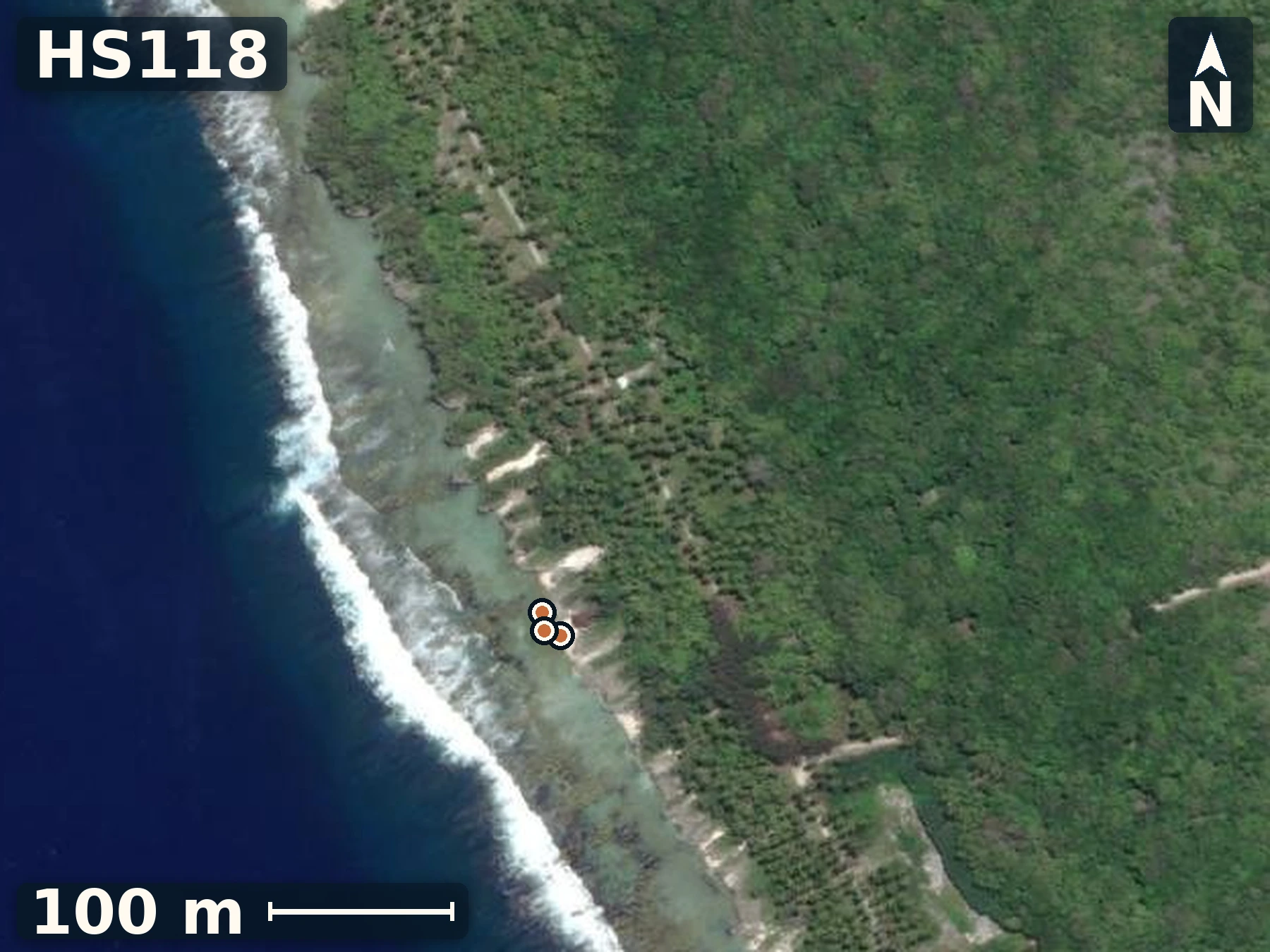 Satellite map of HS118 on Mauke, 3 sample GPS record positions.