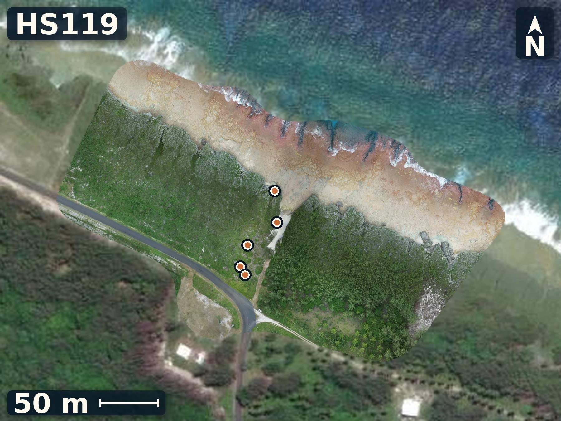 Drone orthomosaic map of HS119 on Mauke, 5 sample GPS record positions.