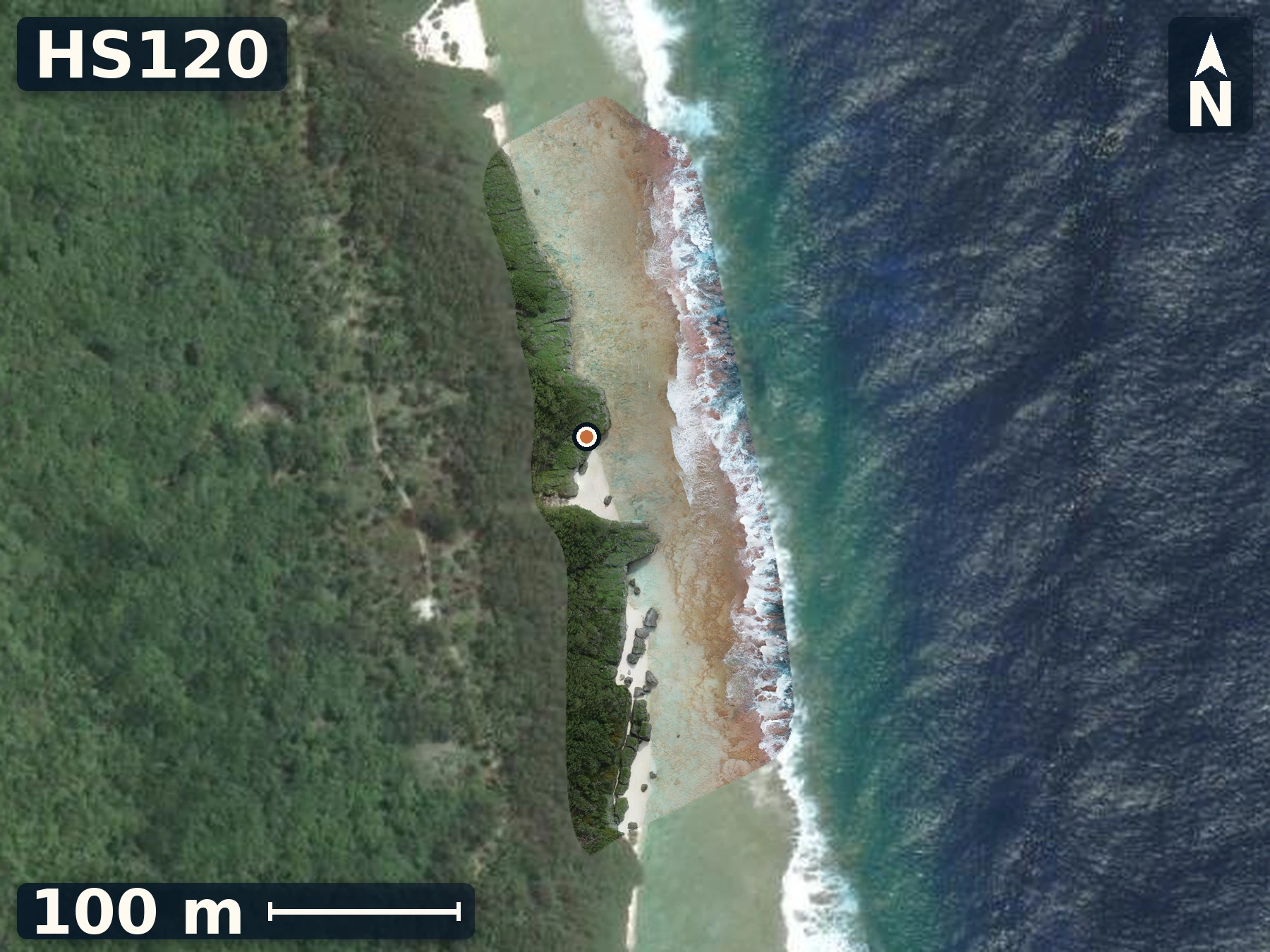 Drone orthomosaic map of HS120 on Mauke, 1 sample GPS record position.