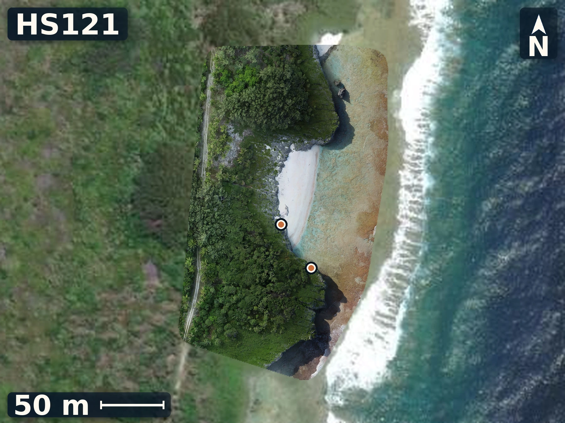 Drone orthomosaic map of HS121 on Mauke, 2 sample GPS record positions.