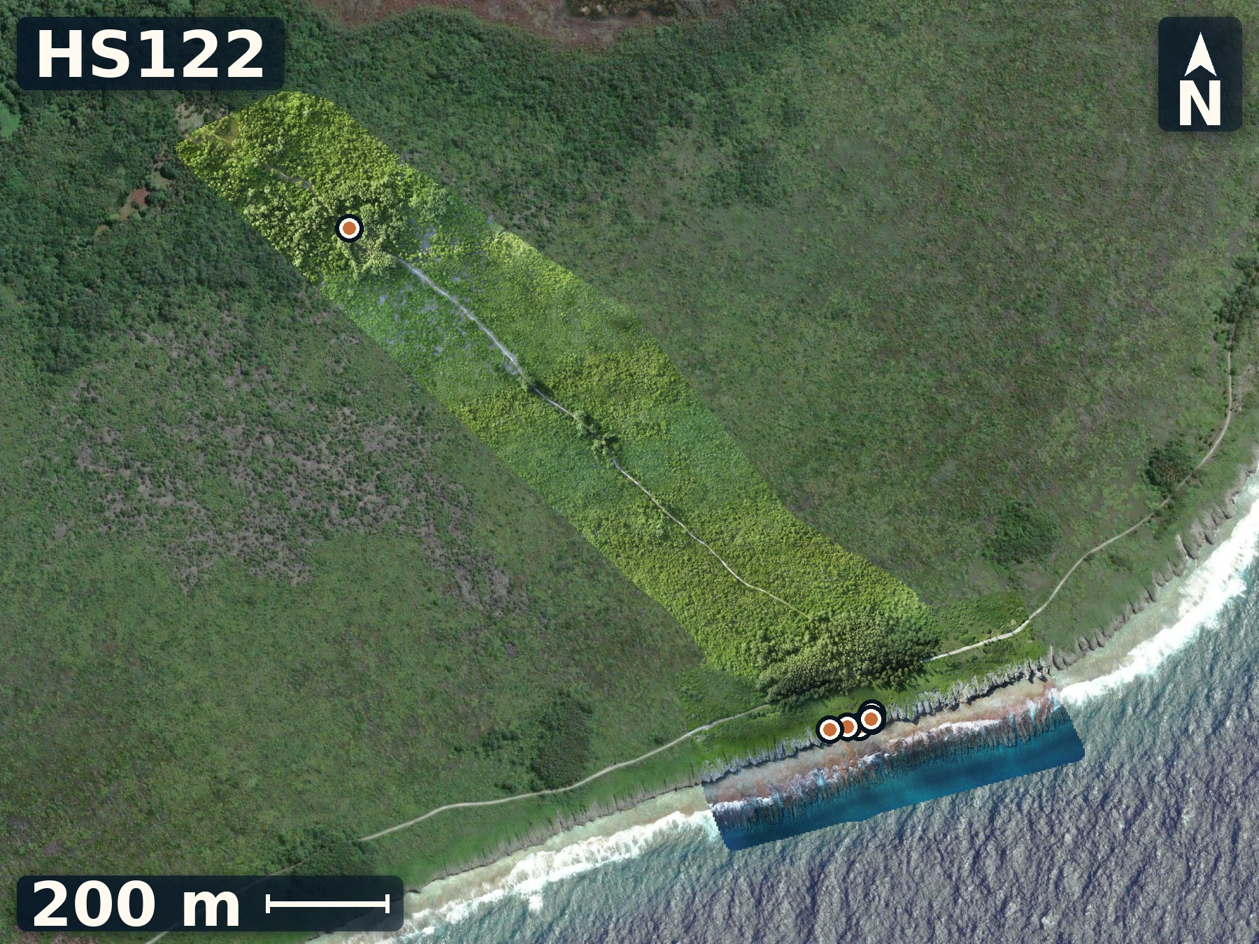 Drone orthomosaic map of HS122 on Mitiaro, 7 sample GPS record positions.