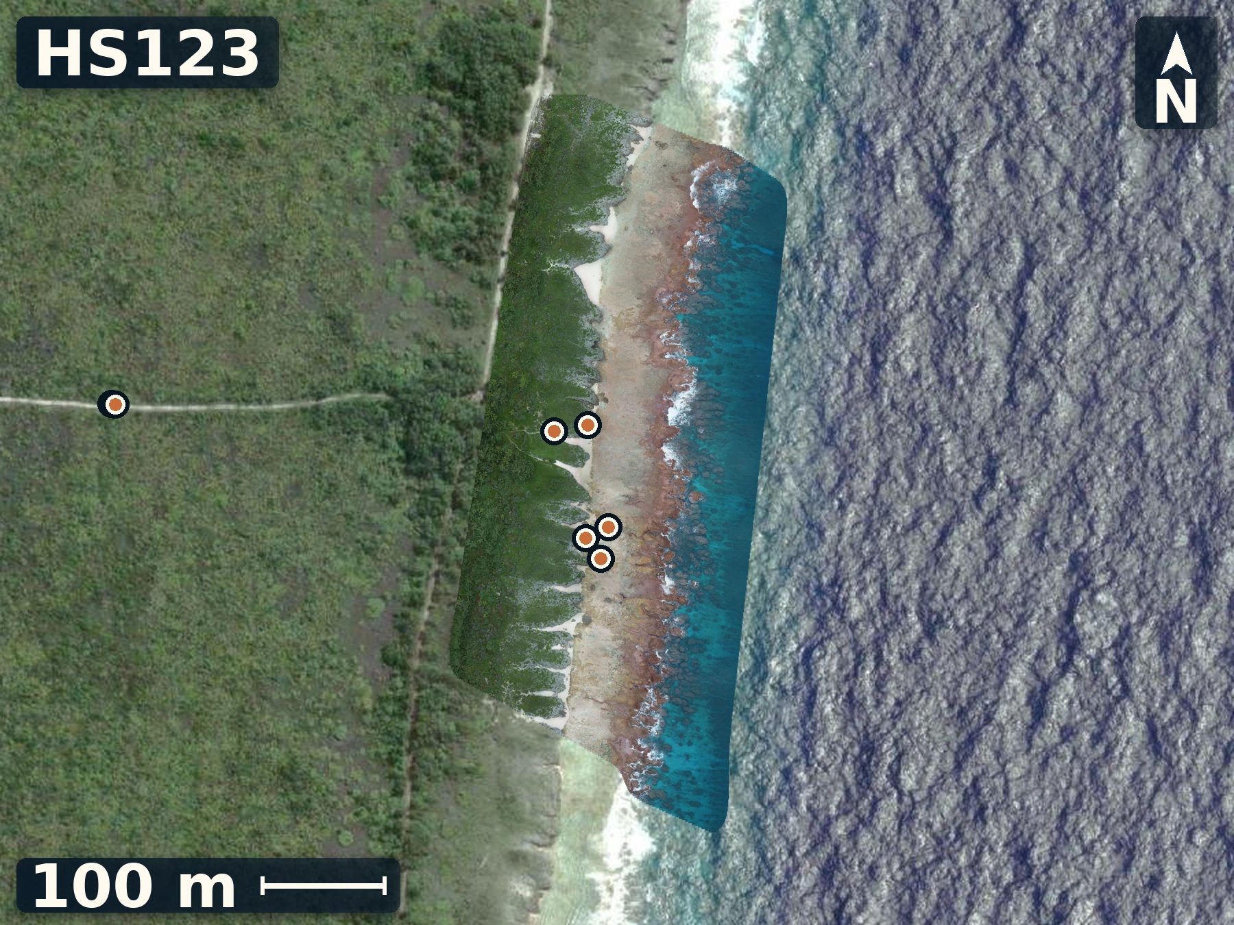 Drone orthomosaic map of HS123 on Mitiaro, 7 sample GPS record positions.
