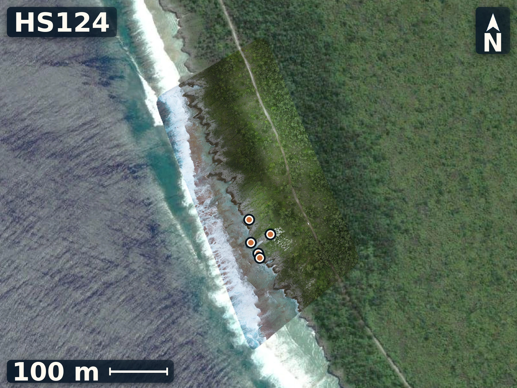 Drone orthomosaic map of HS124 on Mitiaro, 5 sample GPS record positions.