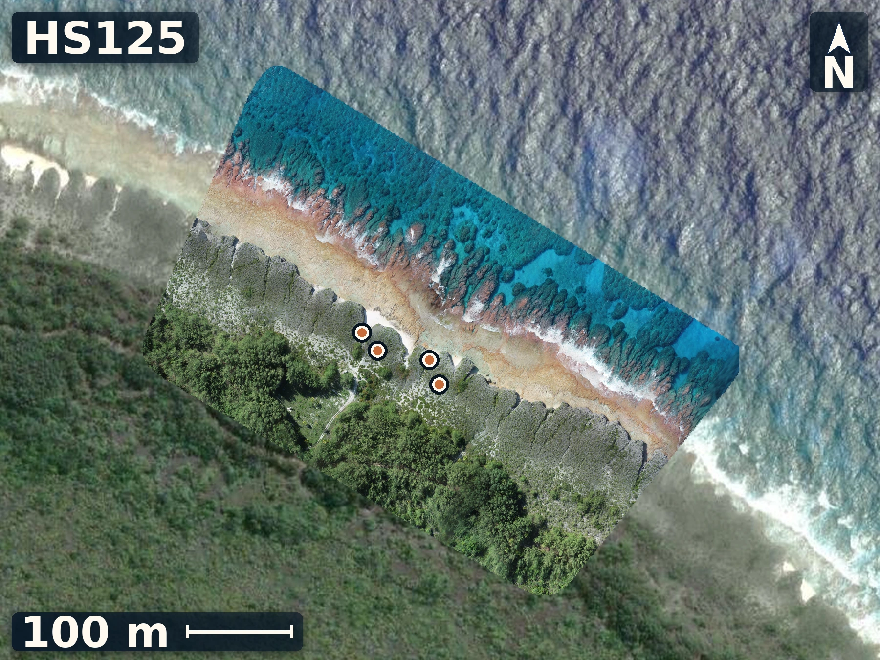 Drone orthomosaic map of HS125 on Mitiaro, 4 sample GPS record positions.