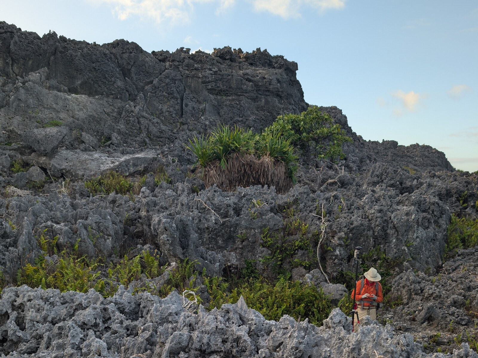Fieldworker with a GPS pole in a vegetation-lined low beneath rising jagged limestone relief at HS113 Saragossa II.