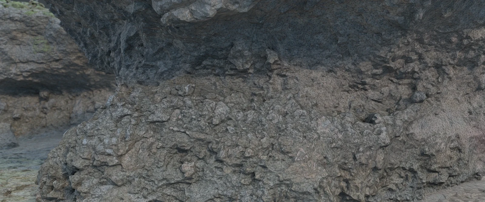 Even crossfade of matching textured and triangular wireframe renders of the HS123 outcrop model.