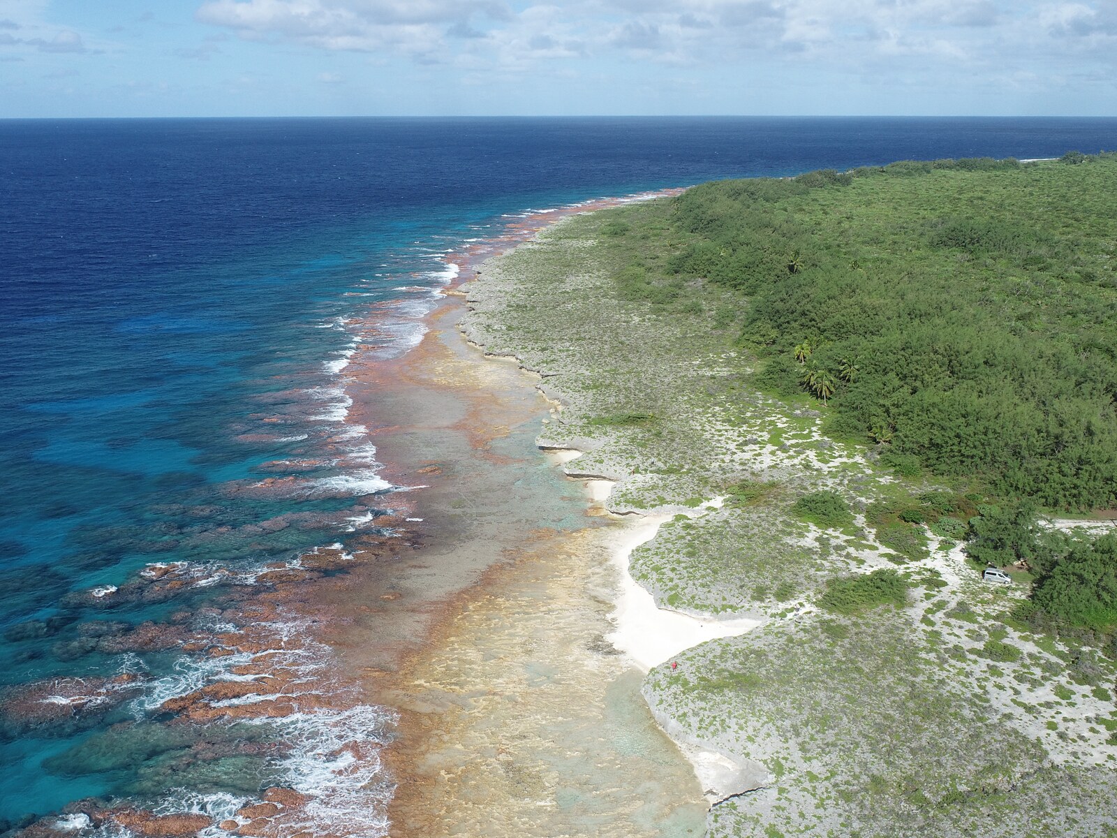 Oblique aerial view of HS125 along Mitiaro’s west coast, with ocean and wave-washed reef flat at left, a broad pale coastal surface in the center, and dense forest at right.